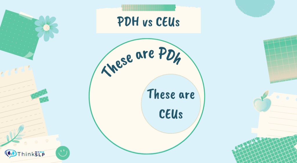 The image has a title at the top that reads, "PDH vs CEU" below are two circles. One circle is large and labeled "These are PDH." A smaller circle is inside of the first circle and it says "These are CEUs."
